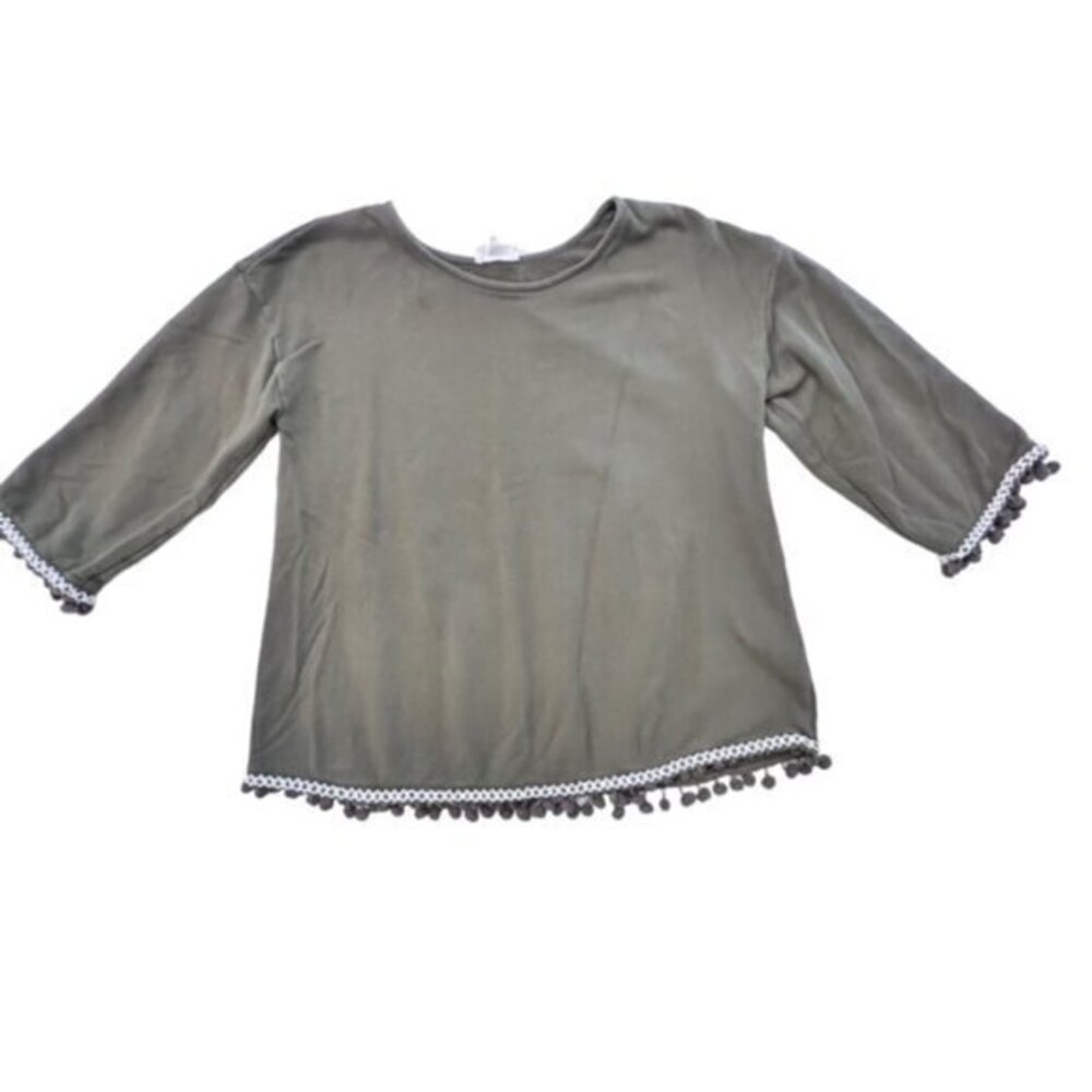 🛍️2 for $25 Sale🛍️ Loft Lounge Top Boho Pom‎ Pom Fringe Green White Size Small